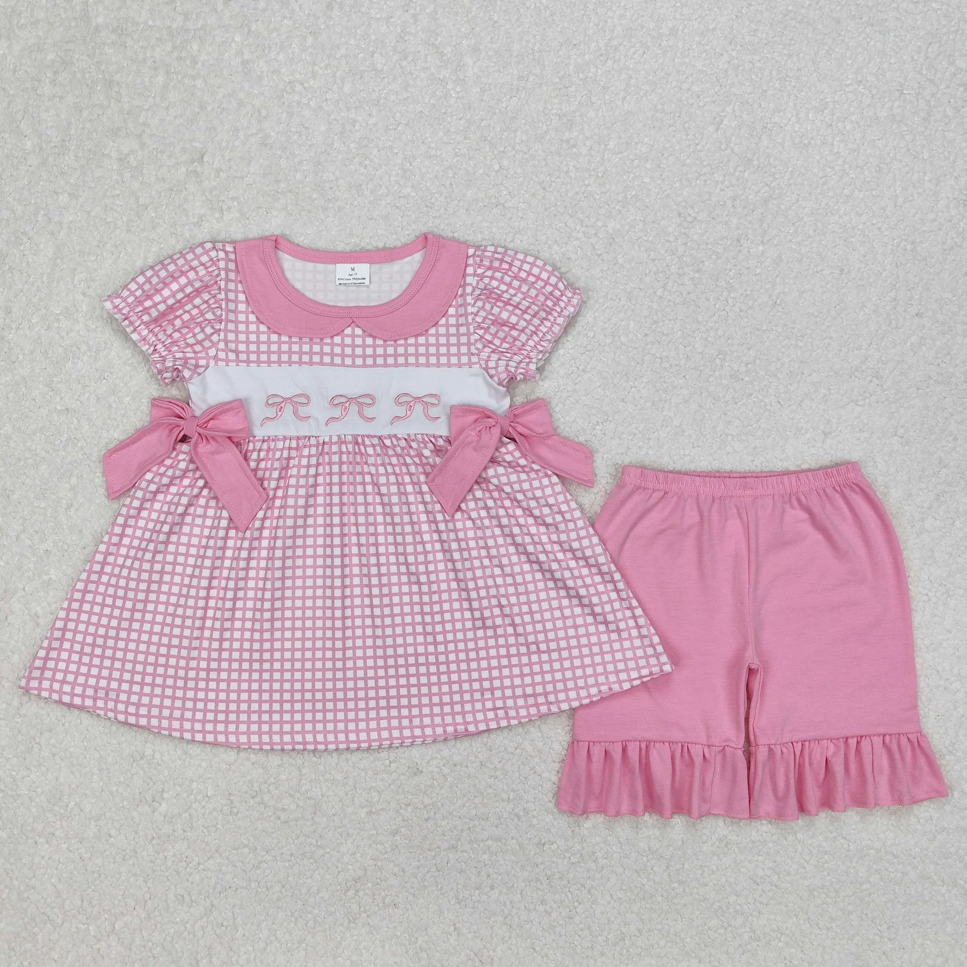 Pink Bow Embroidery Ruffle Short Set