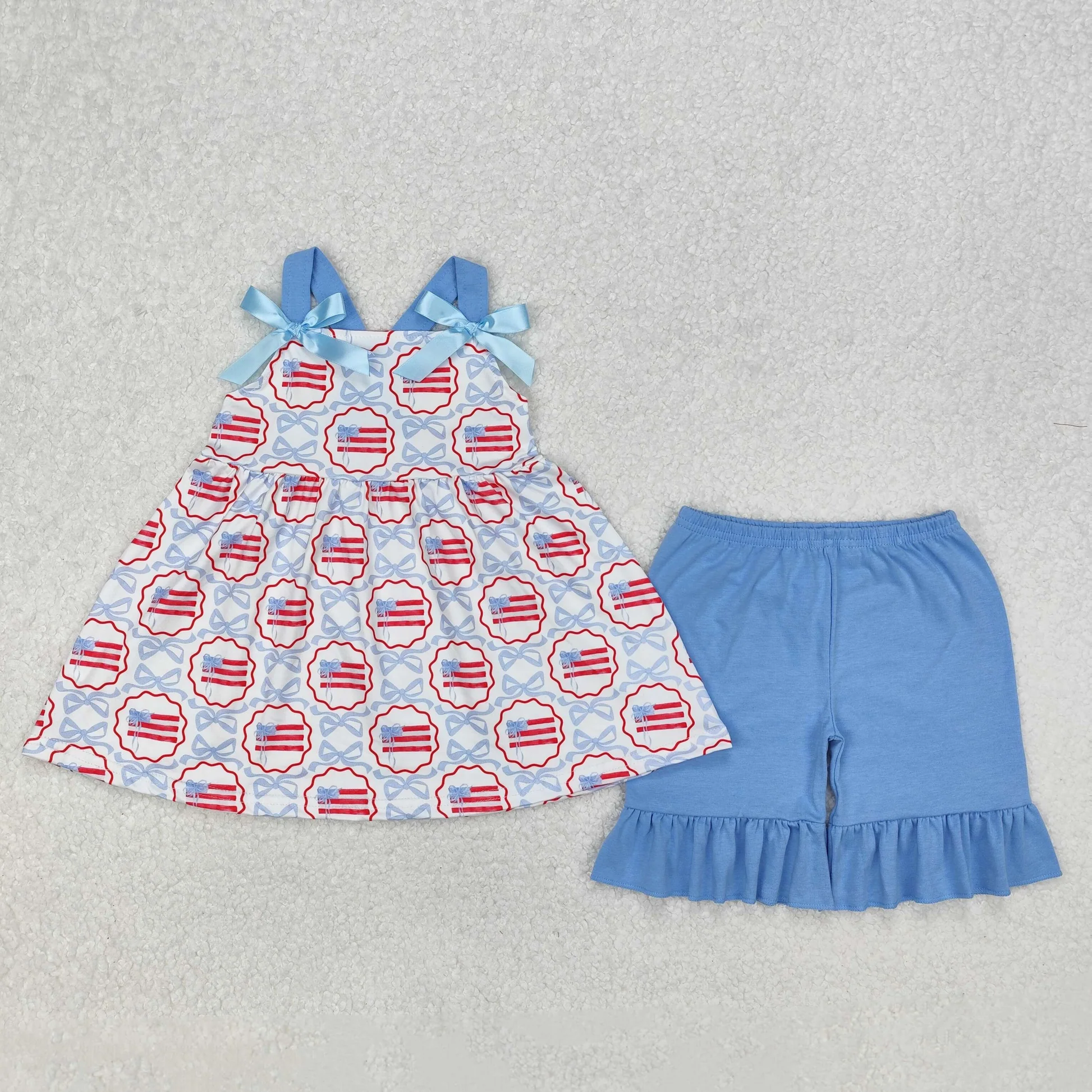Blue Bow American Flag Ruffle Short Set