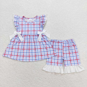 Red and Blue Plaid Ruffle Short Set