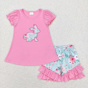 Floral Embroidery Bunny Ruffle Short Set