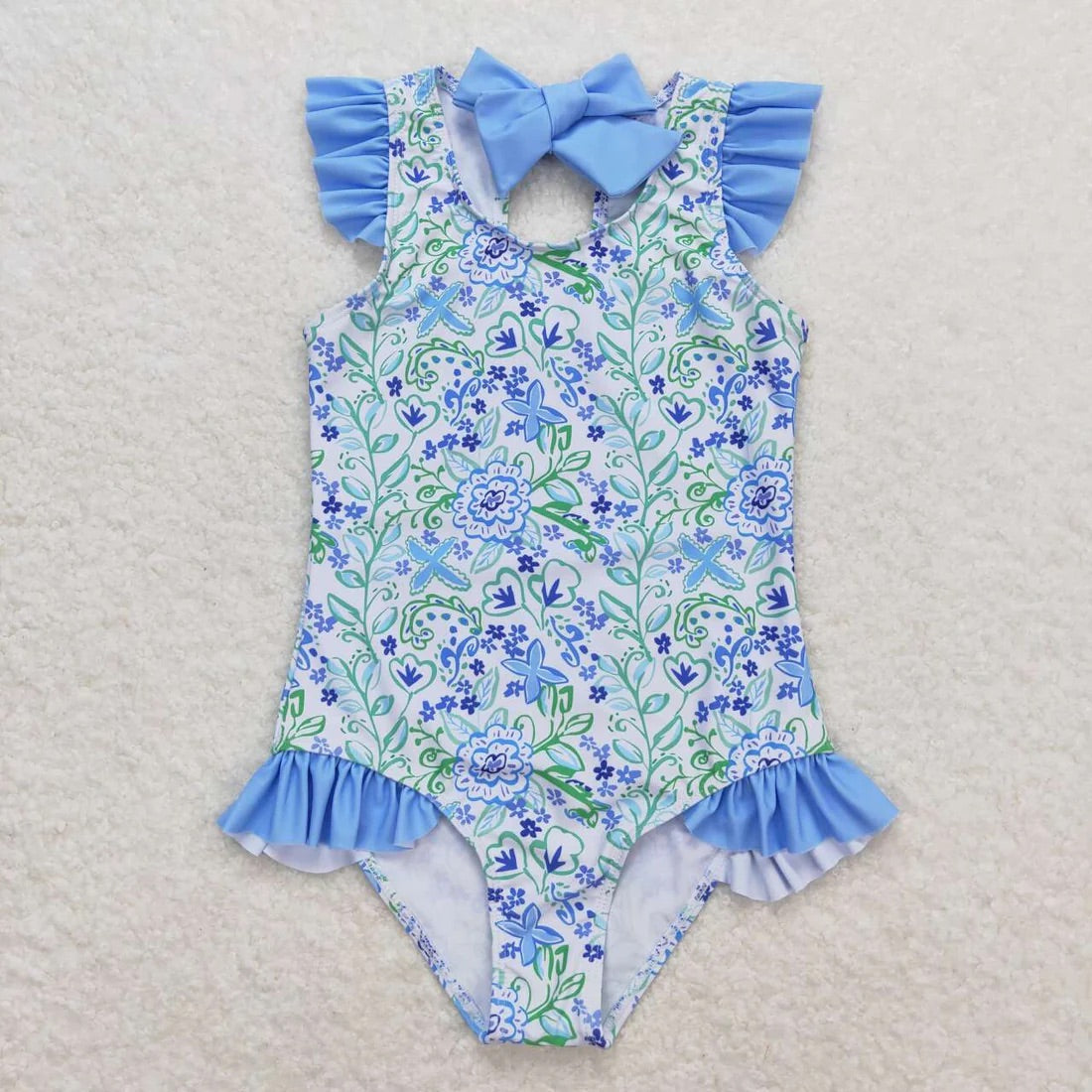 Blue Floral Ruffle One Piece Swimsuit