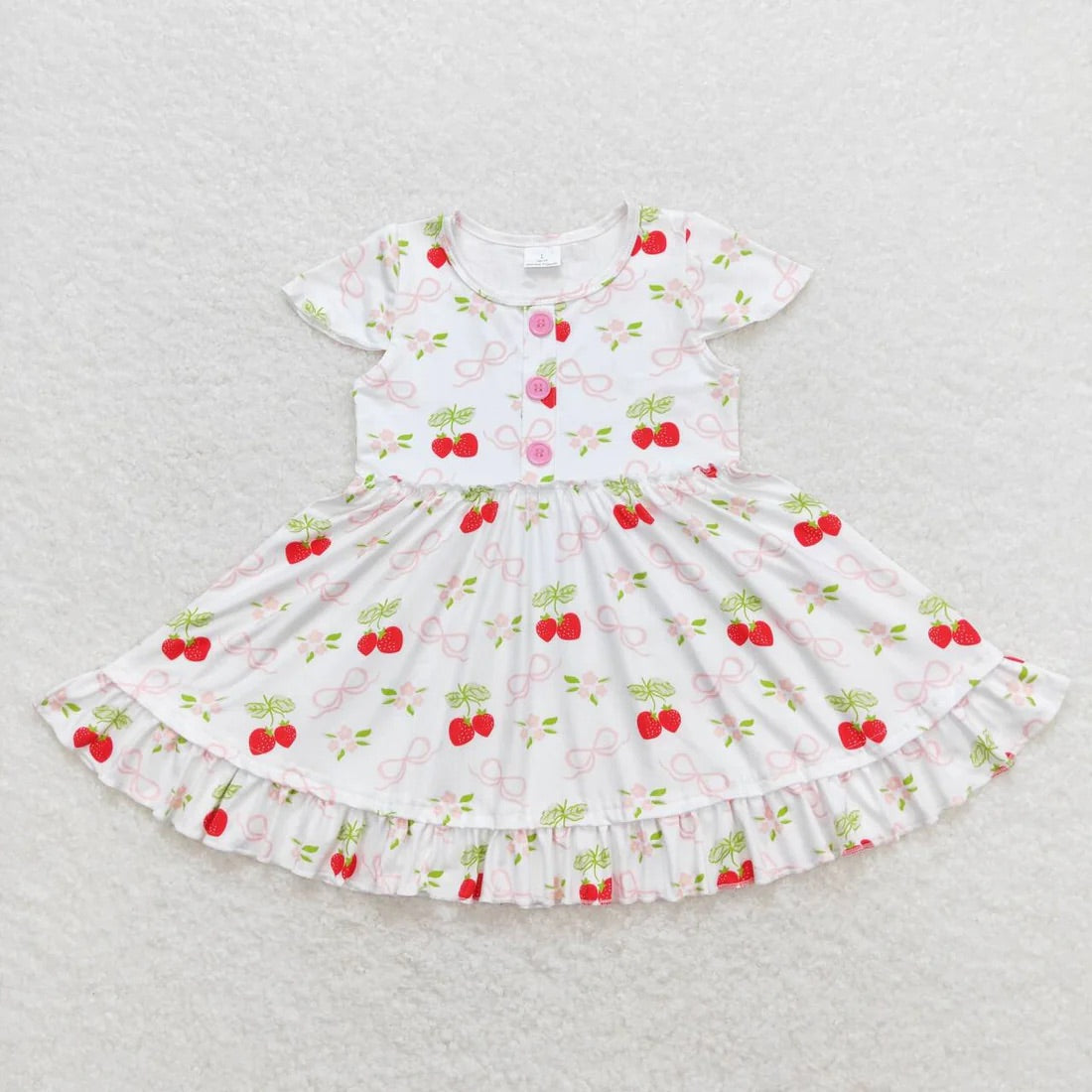 Strawberry and Bow White Short Sleeve Dress