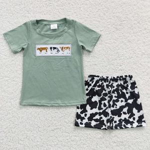 Cow Embroidery Short Set