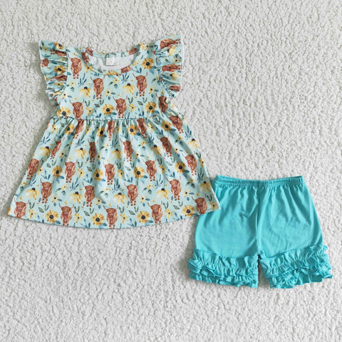 Blue Floral Cow Short Set