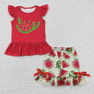 Watermelon Embroidery Ruffle Short Set