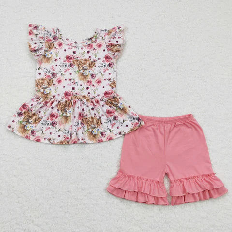 Pink Floral Cow Short Set